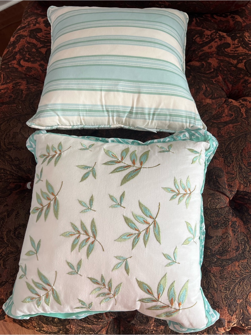 Waverly Aqua Leaf Embroidered Throw Pillow Pair Very fluffy and firm